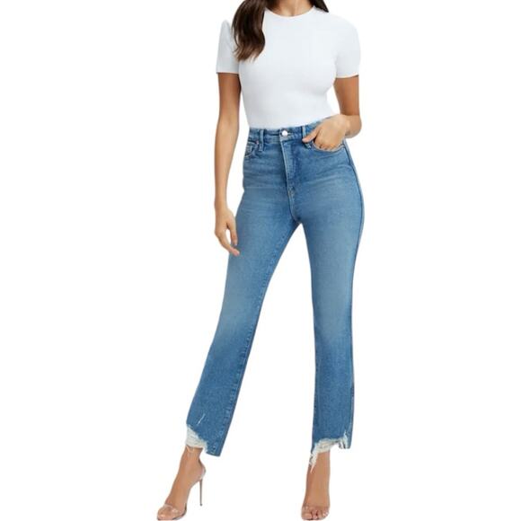 NWT Good American High Waist Frayed Hem Straight Jeans Size 10/30 Retail $145 - Picture 5 of 7